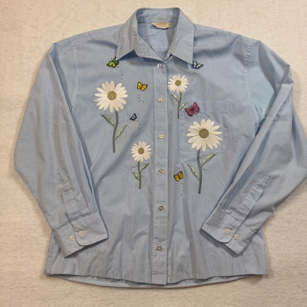 Vintage 90s Tia Designs Blue Striped Embroidered Butterfly Daisy Lace Shirt‎ L